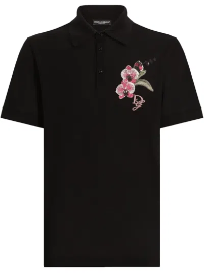 Dolce & Gabbana Orchid Embroidered Polo Shirt In Black