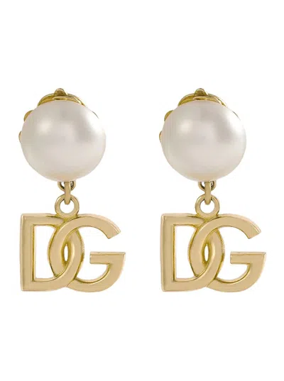 DOLCE & GABBANA 'NEWTON' METALLIC EARINGS WITH LOGO PENDANT AND FAUX-PEARL EMBELLISHMENTS IN BRASS WOMAN