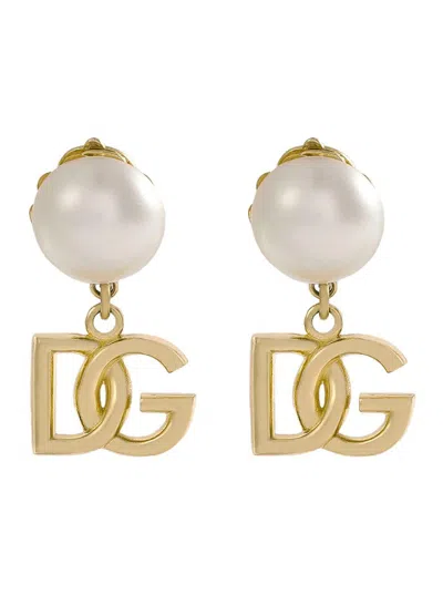 DOLCE & GABBANA 'NEWTON' METALLIC EARINGS WITH LOGO PENDANT AND FAUX-PEARL EMBELLISHMENTS IN BRASS WOMAN