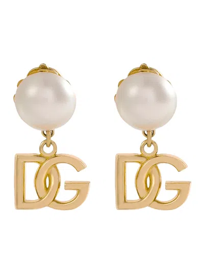 DOLCE & GABBANA DOLCE & GABBANA 'NEWTON' METALLIC EARINGS WITH LOGO PENDANT AND FAUX-PEARL EMBELLISHMENTS IN BRASS W