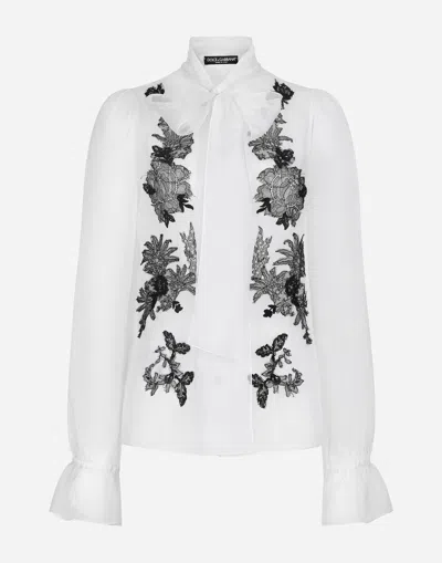DOLCE & GABBANA ORGANZA PUSSY-BOW SHIRT WITH LACE APPLIQUÉS