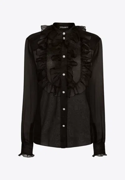 Dolce & Gabbana Organza Ruffles Long-sleeved Shirt In Black