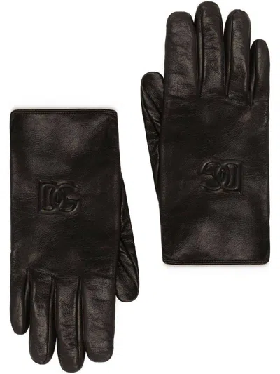 Dolce & Gabbana Dg-logo Embossed Leather Gloves In Black