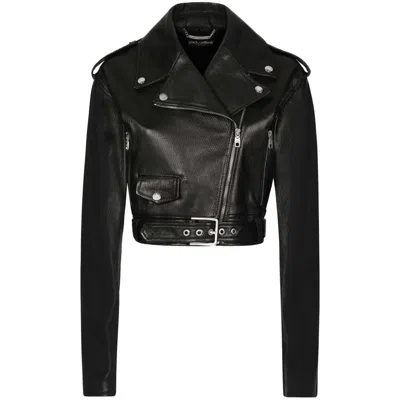 Dolce & Gabbana Cropped Leather Biker Jacket In Black