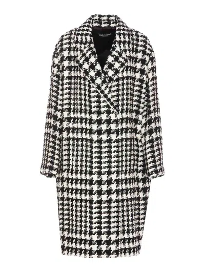 Dolce & Gabbana Black And White Coat With All-over Check Motiv In Wool Blend