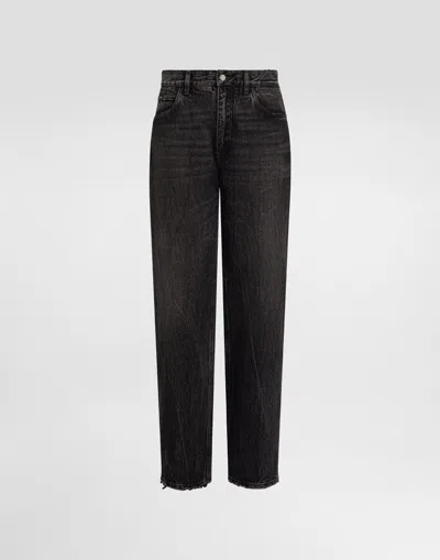 Dolce & Gabbana Oversize Cotton Jeans With Embroidered Logo In Black