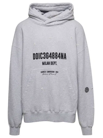 Dolce & Gabbana Oversized Grey Hoodie With Logo Print In Cotton Man