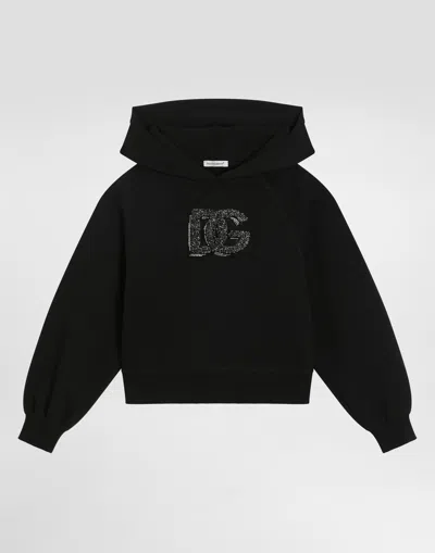 Dolce & Gabbana Oversized Hooded Sweatshirt With Logo And Rhinestones In Black