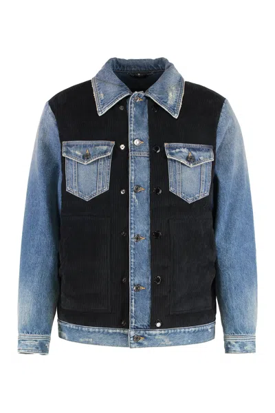 Dolce & Gabbana Padded Denim Jacket With Corduroy Inserts In Blue