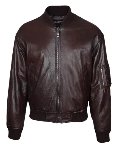 Dolce & Gabbana Lambskin Bomber Jacket In Brown