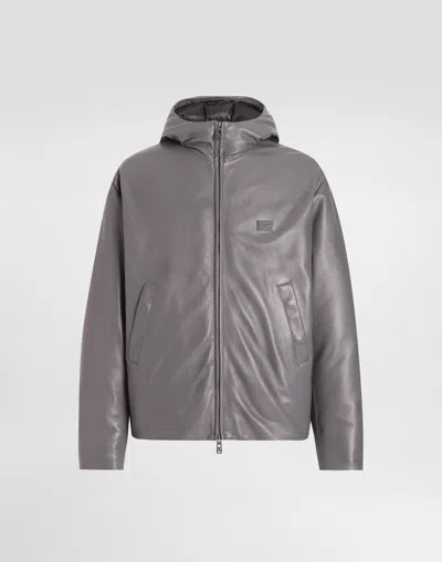 Dolce & Gabbana Padded Leather Jacket With Hood And Tag In Gray