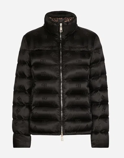 Dolce & Gabbana Padded Satin Jacquard Down Jacket With All-over Dg Logo In Black