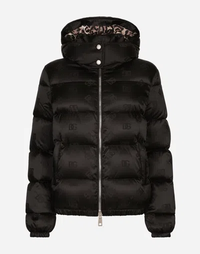 DOLCE & GABBANA PADDED SATIN JACQUARD DOWN JACKET WITH ALL-OVER DG LOGO
