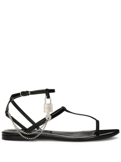DOLCE & GABBANA PADLOCK PATENT-LEATHER FLAT SANDALS