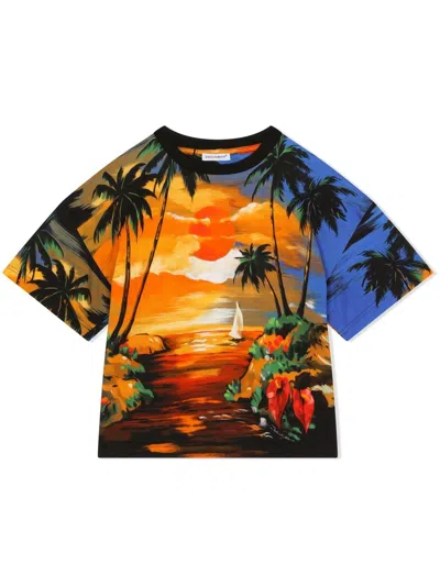 Dolce & Gabbana Kids' Palm Tree-print T-shirt In Orange