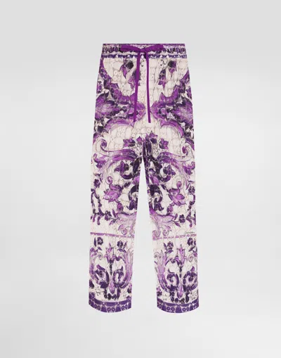Dolce & Gabbana Pantaloni In Pizzo Crochet Stampa Maiolica In Purple