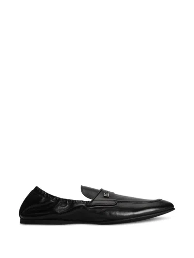 Dolce & Gabbana Pantofola Slip-on In Pelle Nera Con Morsetto Logo Dolce E Gabbana In Black