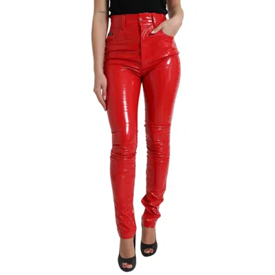 Pre-owned Dolce & Gabbana Pants Shiny Red High Waist Skinny Trouser It38/us4/xs 1050usd