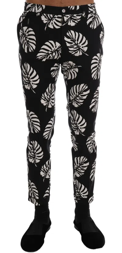 Pre-owned Dolce & Gabbana Pants White Black Leaf Cotton Stretch Slim It44 / W30 Rrp $880