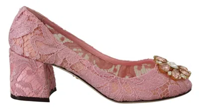 Dolce & Gabbana Lace Crystal Embellished Mid Heel Pumps In Pink