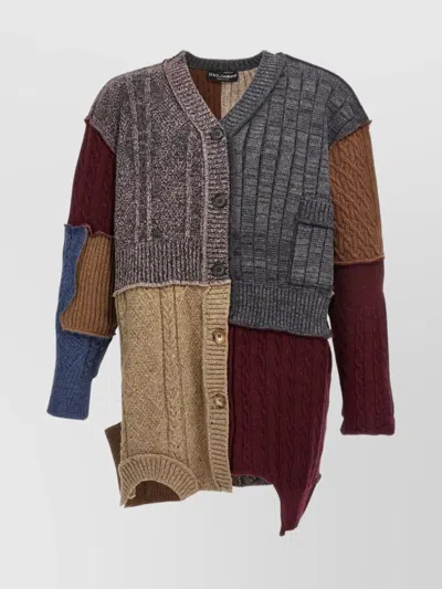DOLCE & GABBANA PATCHWORK CABLE KNIT CARDIGAN WITH FRONT POCKET