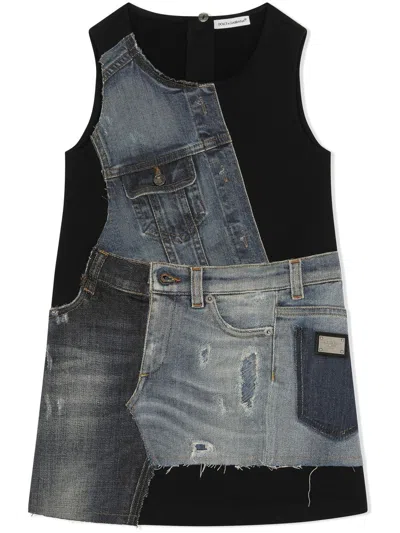 Dolce & Gabbana Kids' Denim Patchwork Tank Dress In Black