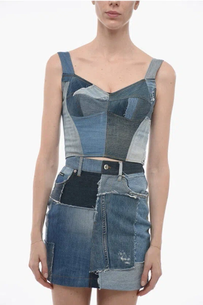 DOLCE & GABBANA PATCHWORK DENIM CROP TOP WITH SWEETHEART NECKLINE