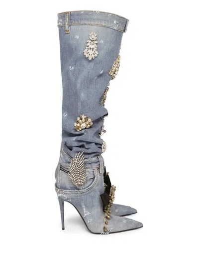 Dolce & Gabbana Patchwork-denim Knee-high Boots In Blue