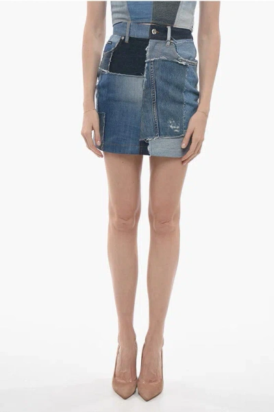 Dolce & Gabbana Patchwork Denim Miniskirt With Belt Loops In Blue