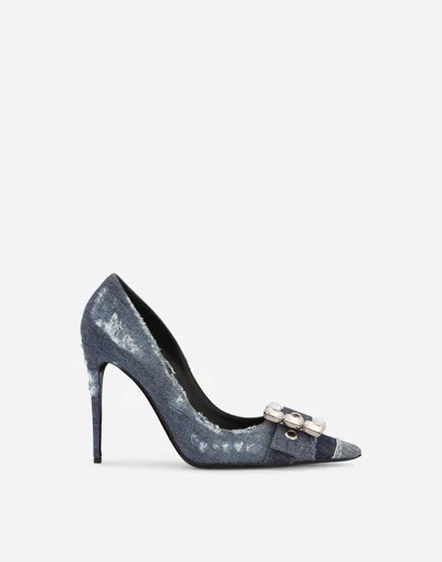 DOLCE & GABBANA PATCHWORK DENIM PUMPS WITH RHINESTONE BUCKLE