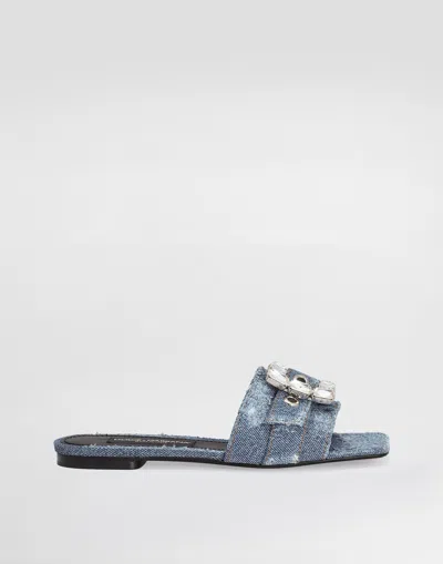 DOLCE & GABBANA PATCHWORK DENIM SLIDES WITH RHINESTONE BUCKLE