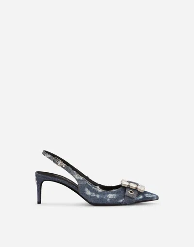 DOLCE & GABBANA PATCHWORK DENIM SLINGBACKS WITH RHINESTONE BUCKLE