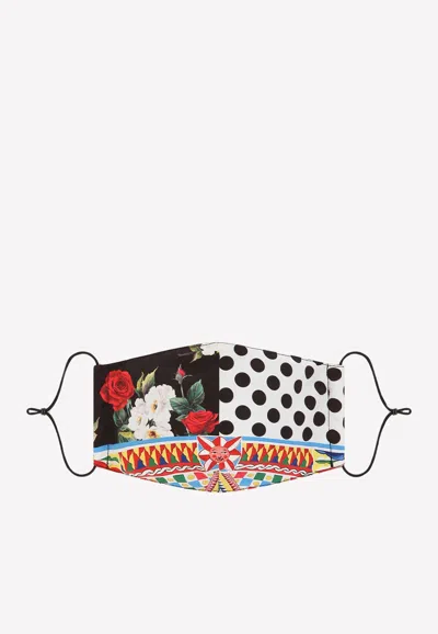 Dolce & Gabbana Patchwork Face Mask In Floral And Leopard Stretch Fabric In Multicolor