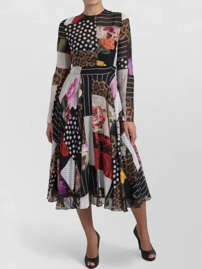 Dolce & Gabbana Patchwork Floral Leopard Mixed Print Dress In Brown