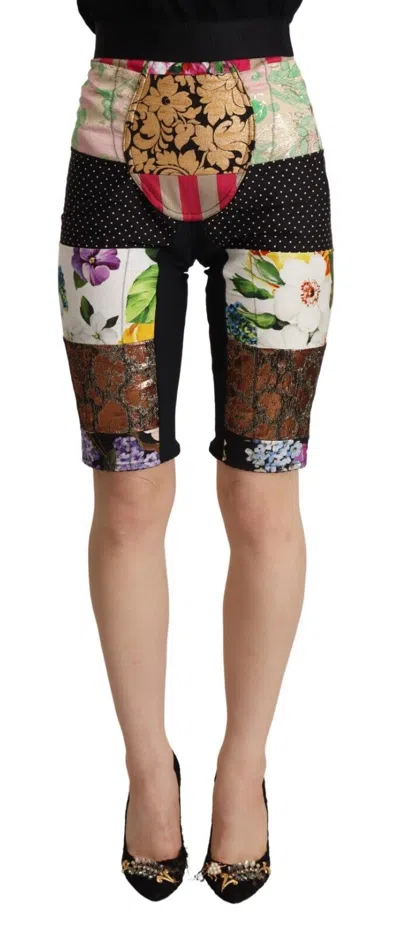 Dolce & Gabbana Multicolor Patchwork High Waist Cropped Pants In Black