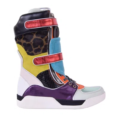 Pre-owned Dolce & Gabbana Patchwork Leo High Zip Sneaker Boots Shoes Black Blue 05873 In Multi-color
