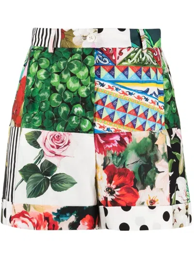 Dolce & Gabbana Patchwork Print High-waisted Shorts In Grün