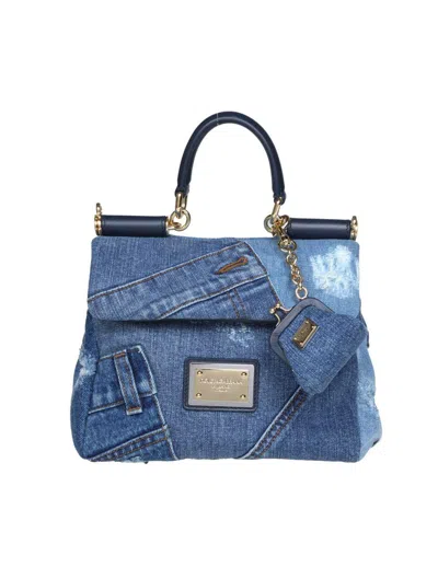 Dolce & Gabbana Patchwork Soft Denim Handbag In Navy