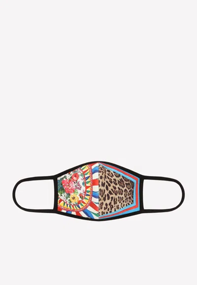 Dolce & Gabbana Patchwork Stretch Face Mask In Floral And Leopard-print In Multicolor
