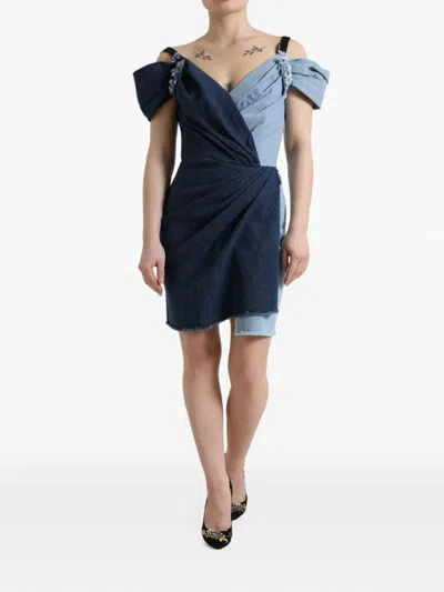 Dolce & Gabbana Patchwork Two-tone Mini Dress In Blue