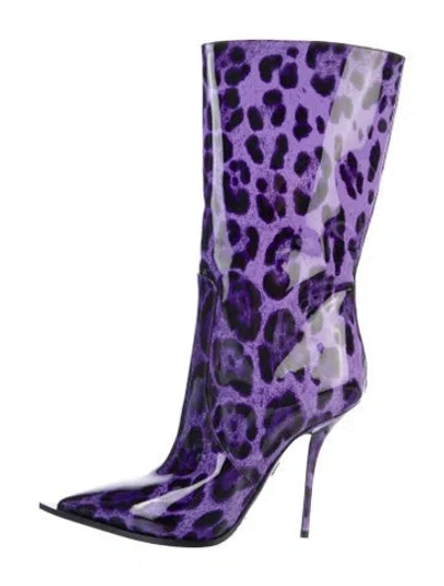 Pre-owned Dolce & Gabbana Patent Leather Animal Print Boots W/ Tags In Purple