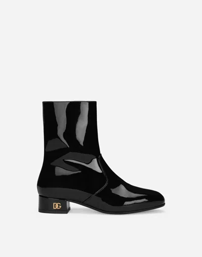 Dolce & Gabbana Patent Leather Ankle Boots With Branded Heel In Black
