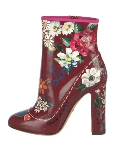 Pre-owned Dolce & Gabbana Patent Leather Floral Print Boots In Red