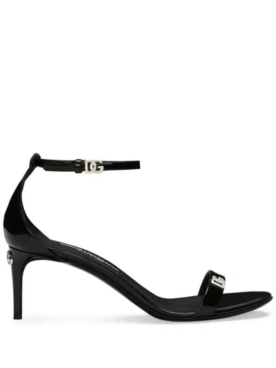 Dolce & Gabbana Logo-plaque Patent-leather Sandals In Black