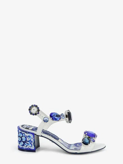 Dolce & Gabbana Patent Leather Sandals With Maiolica Print In Blue
