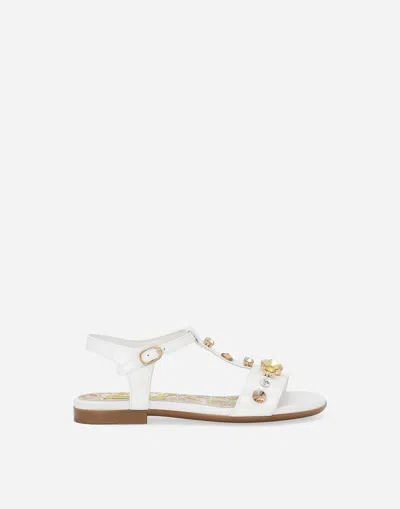 Dolce & Gabbana Kids' Majolica-print Crystal-embellished Sandals In White