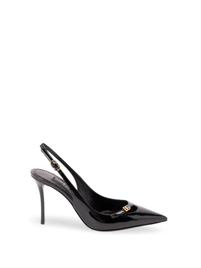 Dolce & Gabbana 105 Logo-embellished Patent-leather Slingback Pumps In Black