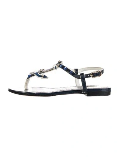 Pre-owned Dolce & Gabbana Patent Leather Striped T-strap Sandals In Blue