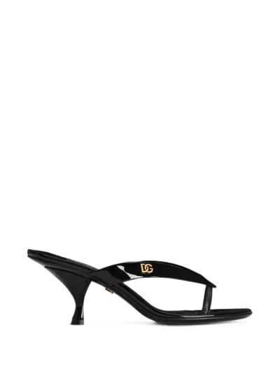 Dolce & Gabbana Logo-detailed Patent-leather Thong Sandals In Black