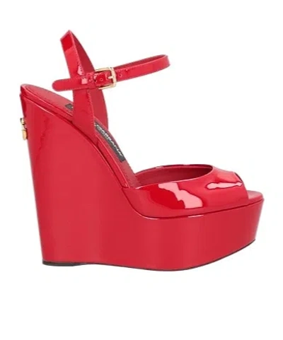 Dolce & Gabbana Patent Leather Wedge Heel Sandals In Red